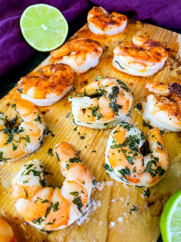 grilled shrimp on a cedar plank