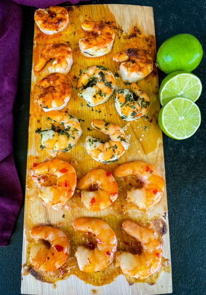 grilled shrimp on a cedar plank