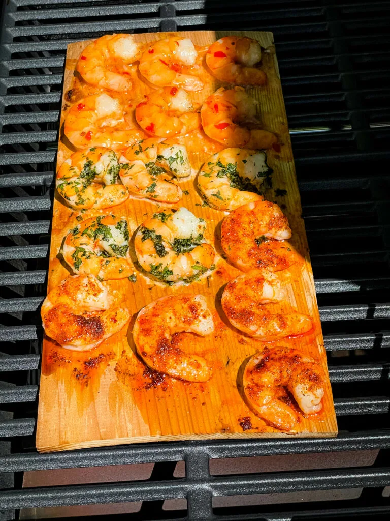 grilled shrimp on a cedar plank