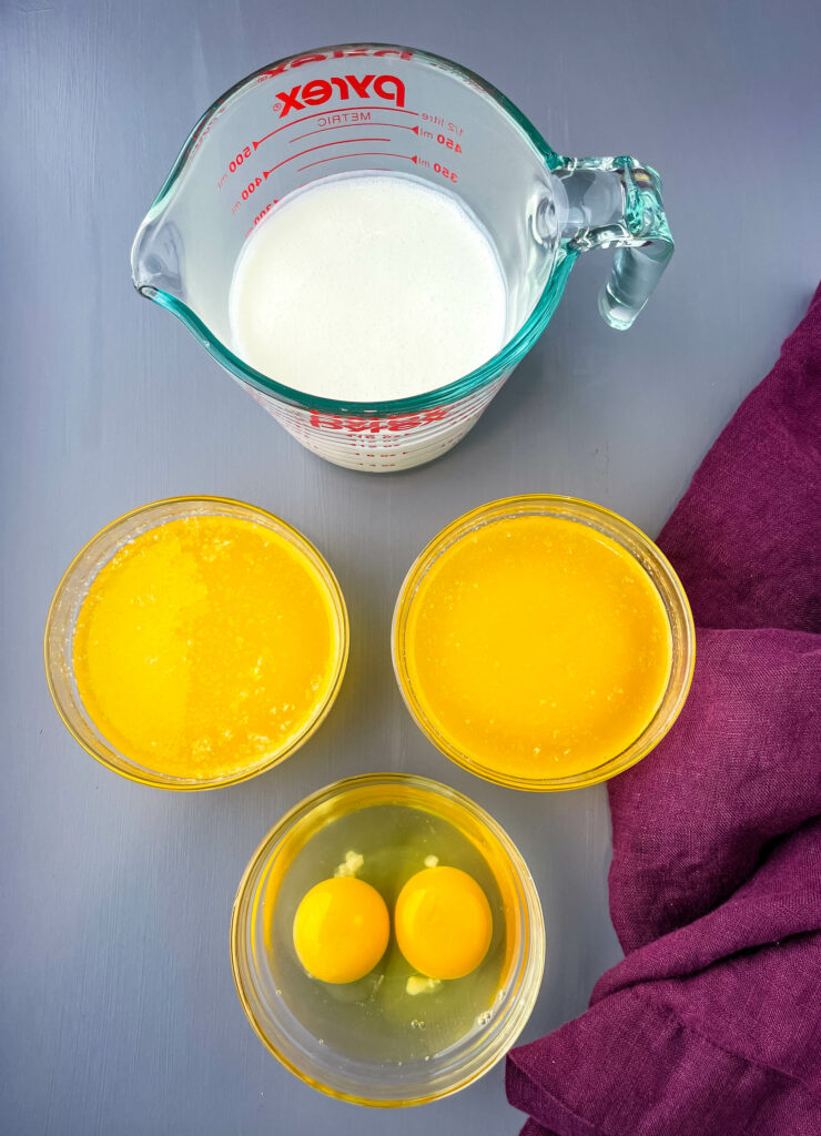 buttermilk, melted butter, and eggs in separate glass bowls