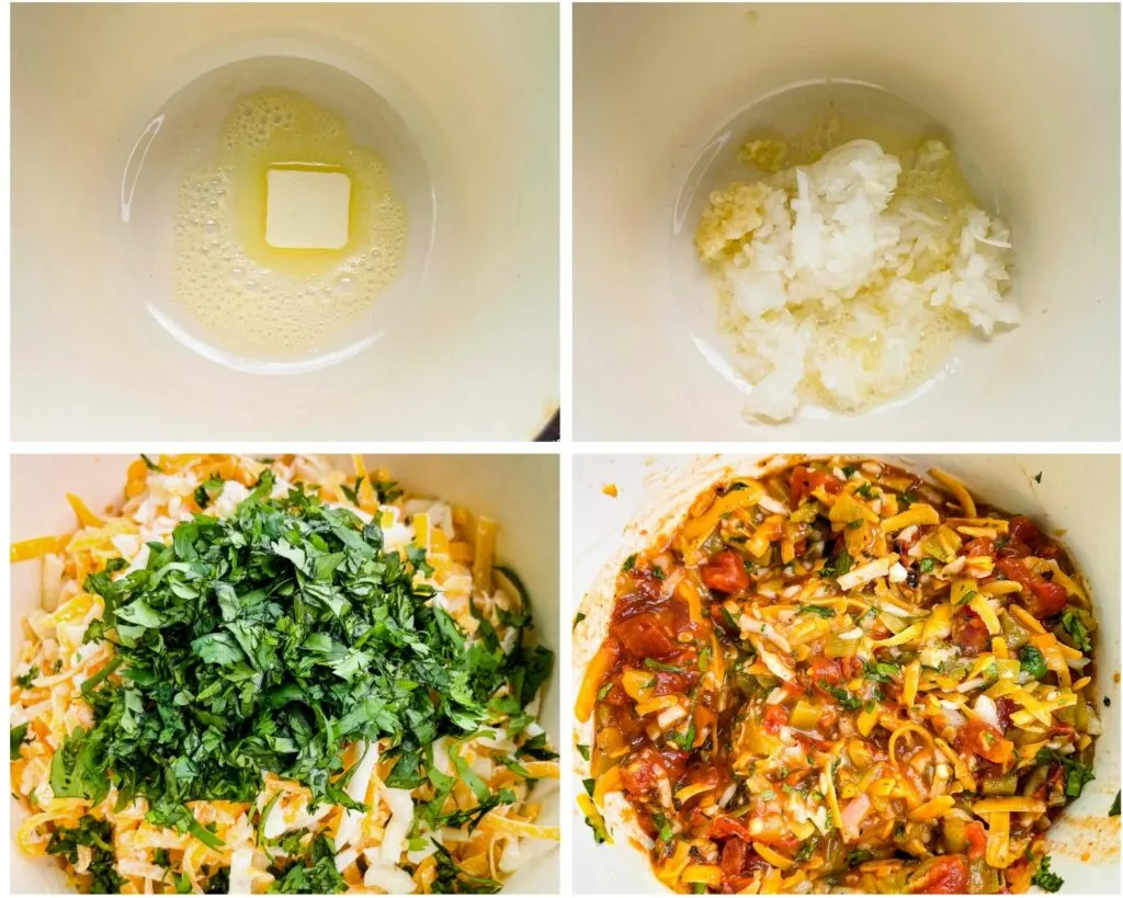 collage photo of 4 photos showing melted butter and uncooked queso cheese dip in a saucepan
