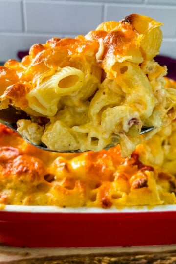 a large spoonful of lobster mac and cheese