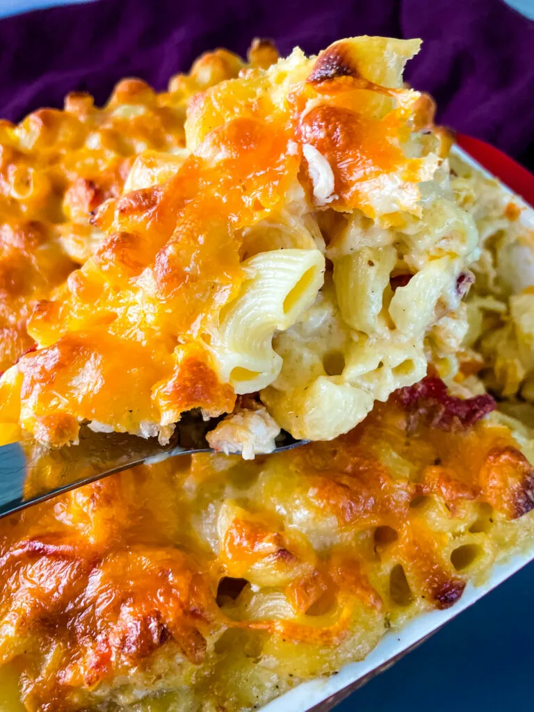 a large spoonful of lobster mac and cheese