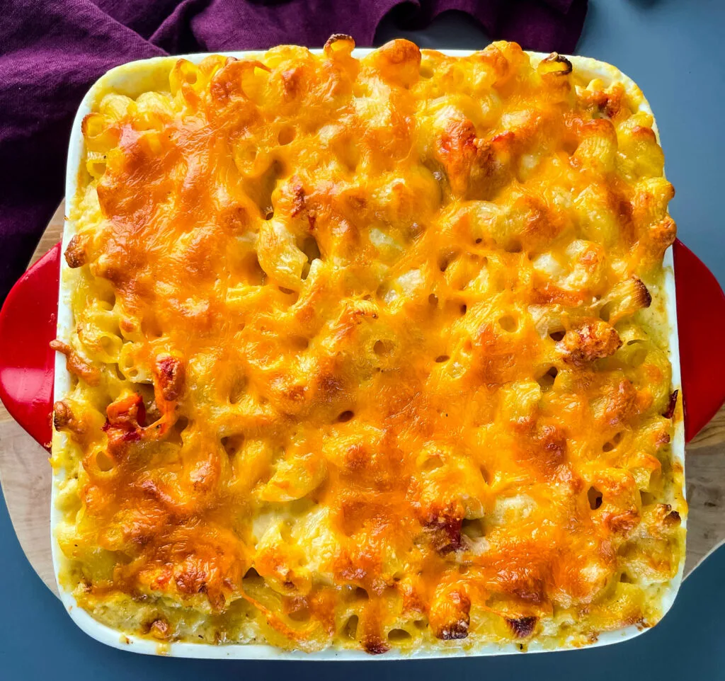 lobster mac and cheese in a baking dish