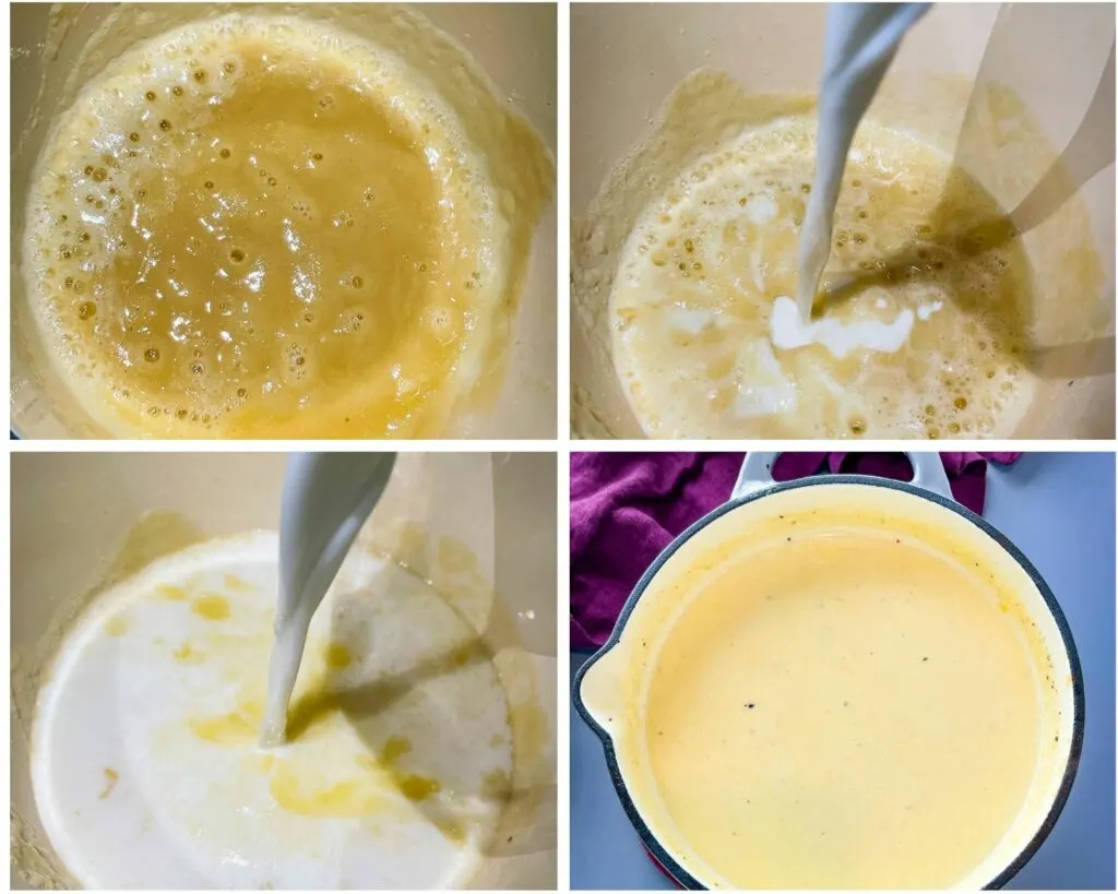 collage photo of butter and flour melted in a saucepan with milk