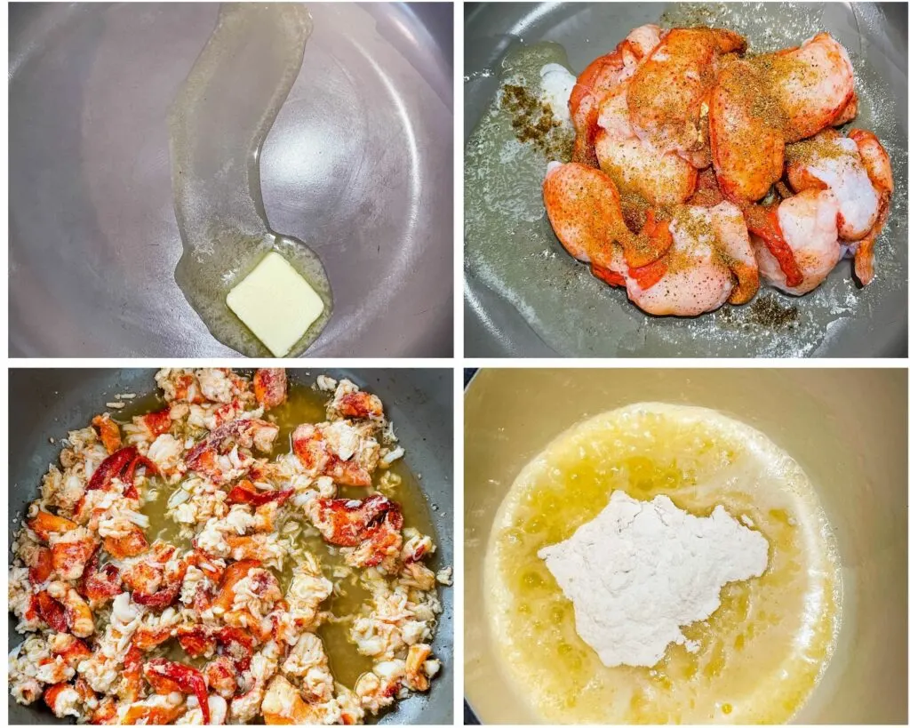 collage photo of 4 photos with lobster and butter cooked in a skillet
