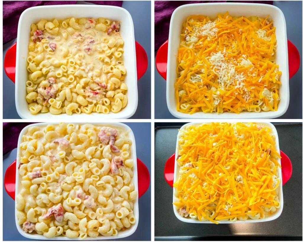 collage photo of unbaked lobster mac and cheese in a baking dish