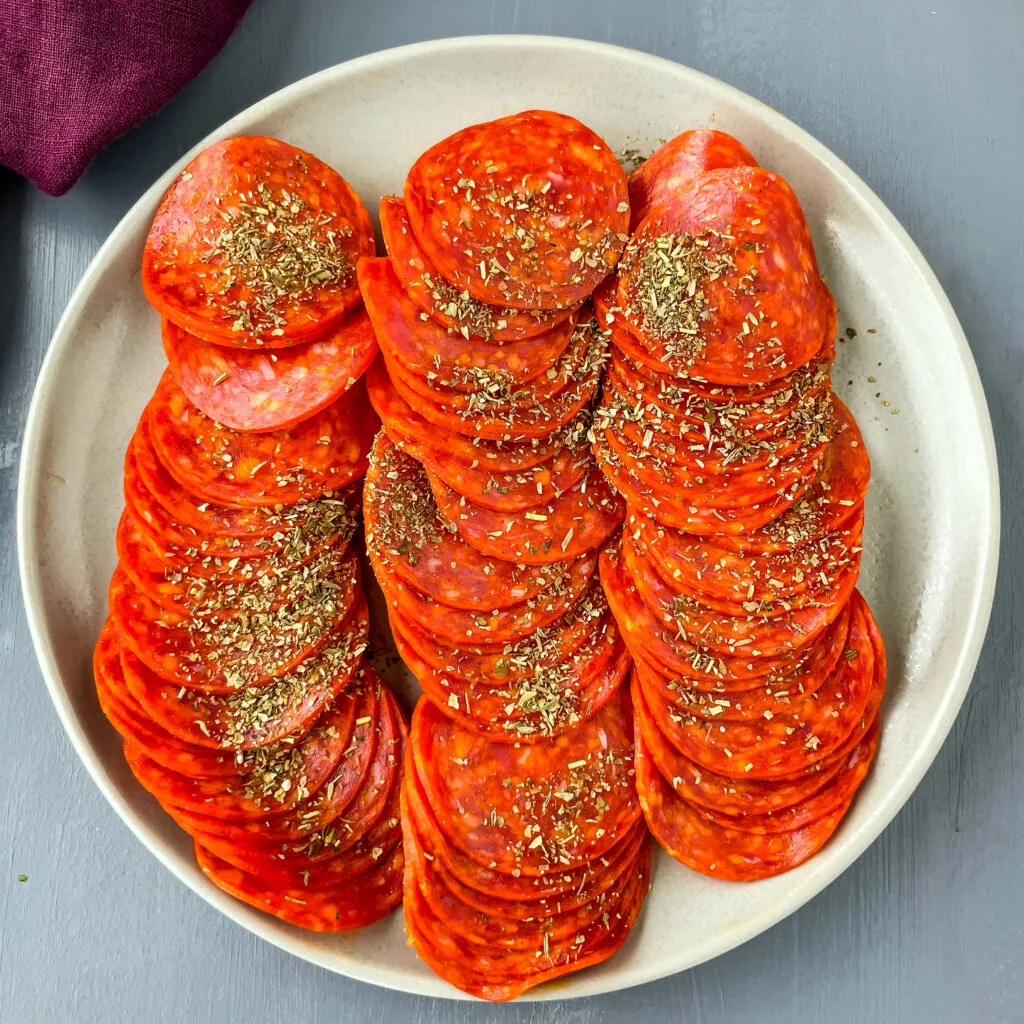seasoned pepperoni on a plate