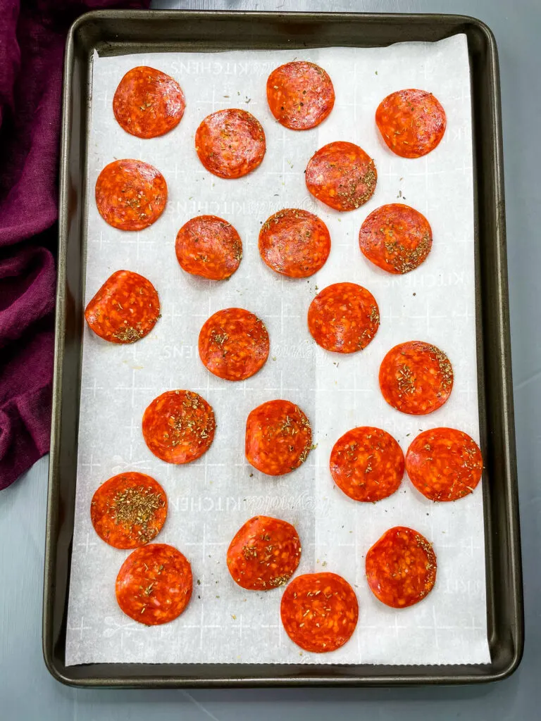 pepperoni chips on a sheet pan