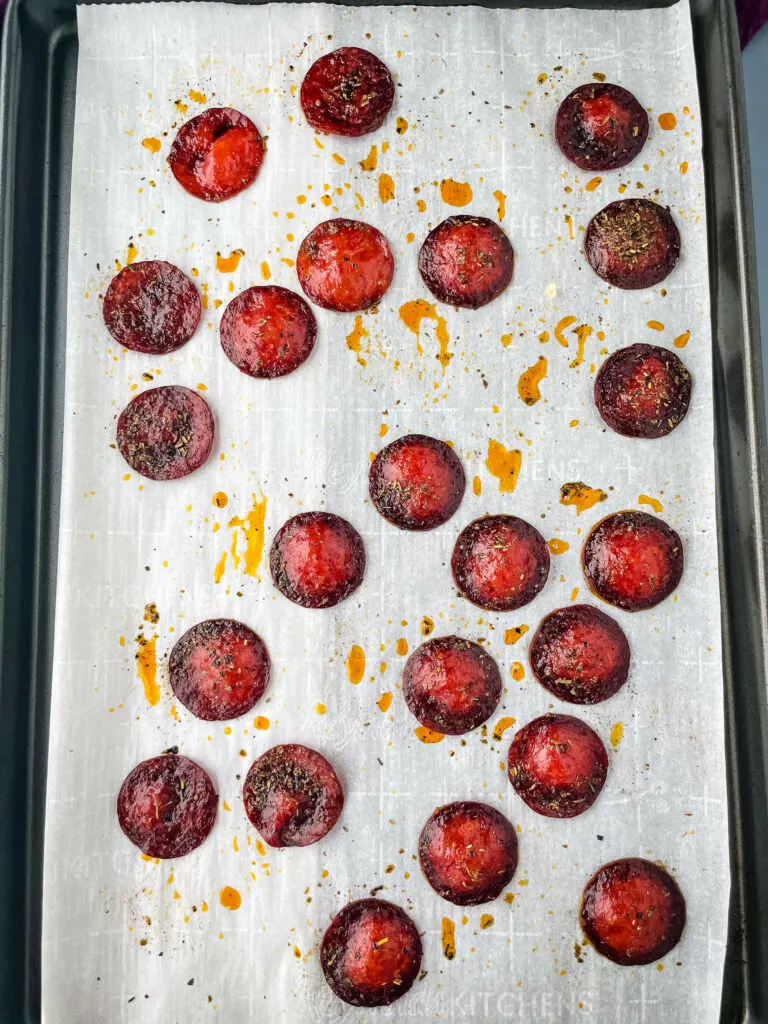 pepperoni chips on a sheet pan
