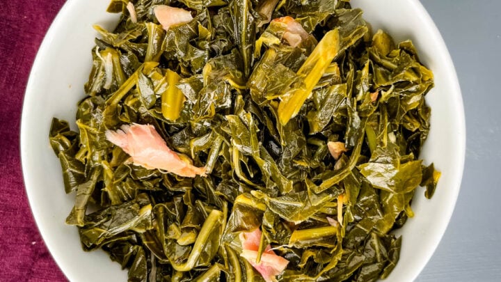 southern collard greens in a white bowl