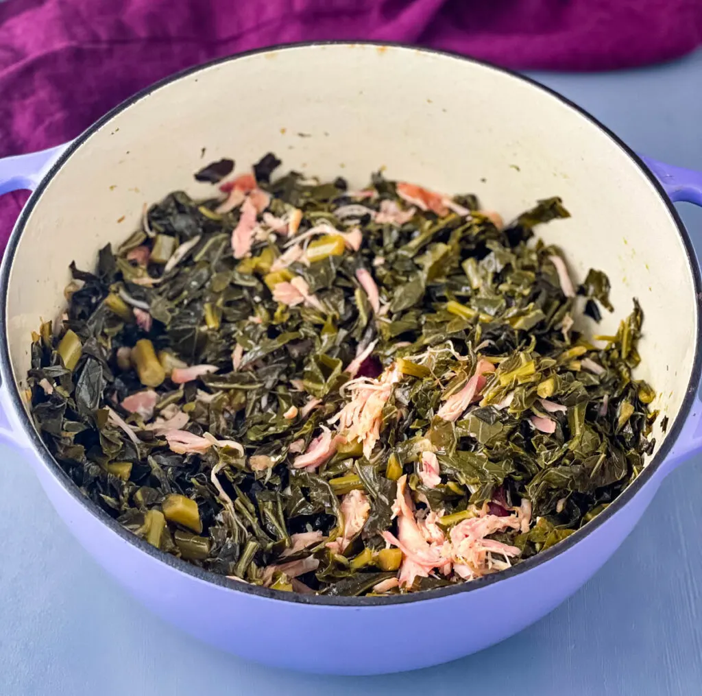 southern collard greens in a purple pot