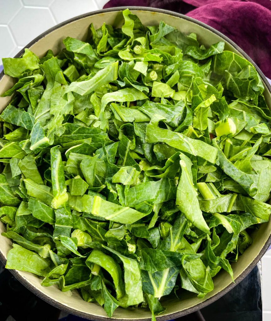 shredded collard greens in a pot