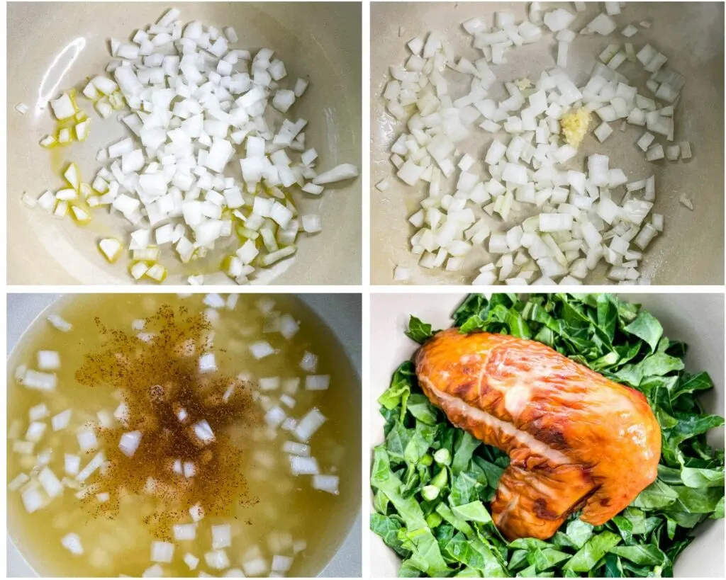 collage photo of sauteed onions in a pot with collard greens
