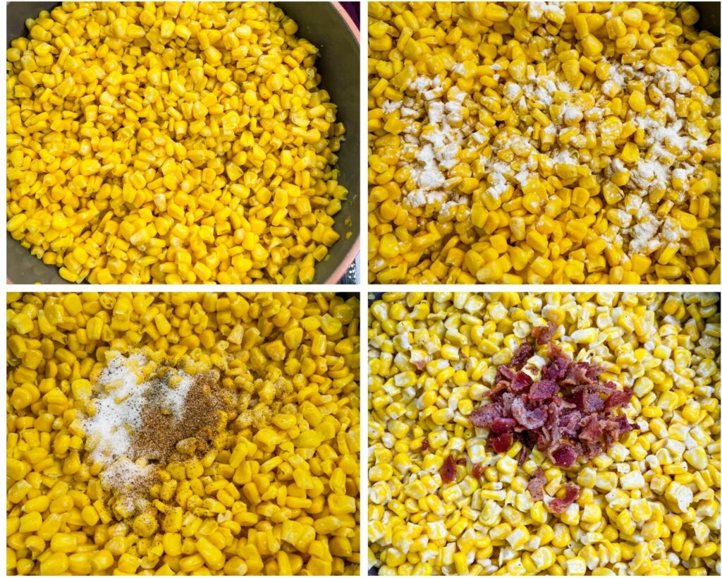 collage photo showing how to make creamed corn with bacon