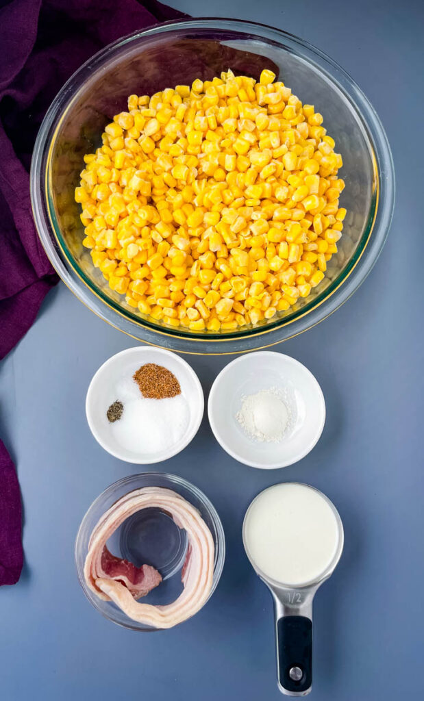 whole corn, salt, pepper, bacon, flour, and heavy cream in separate bowls