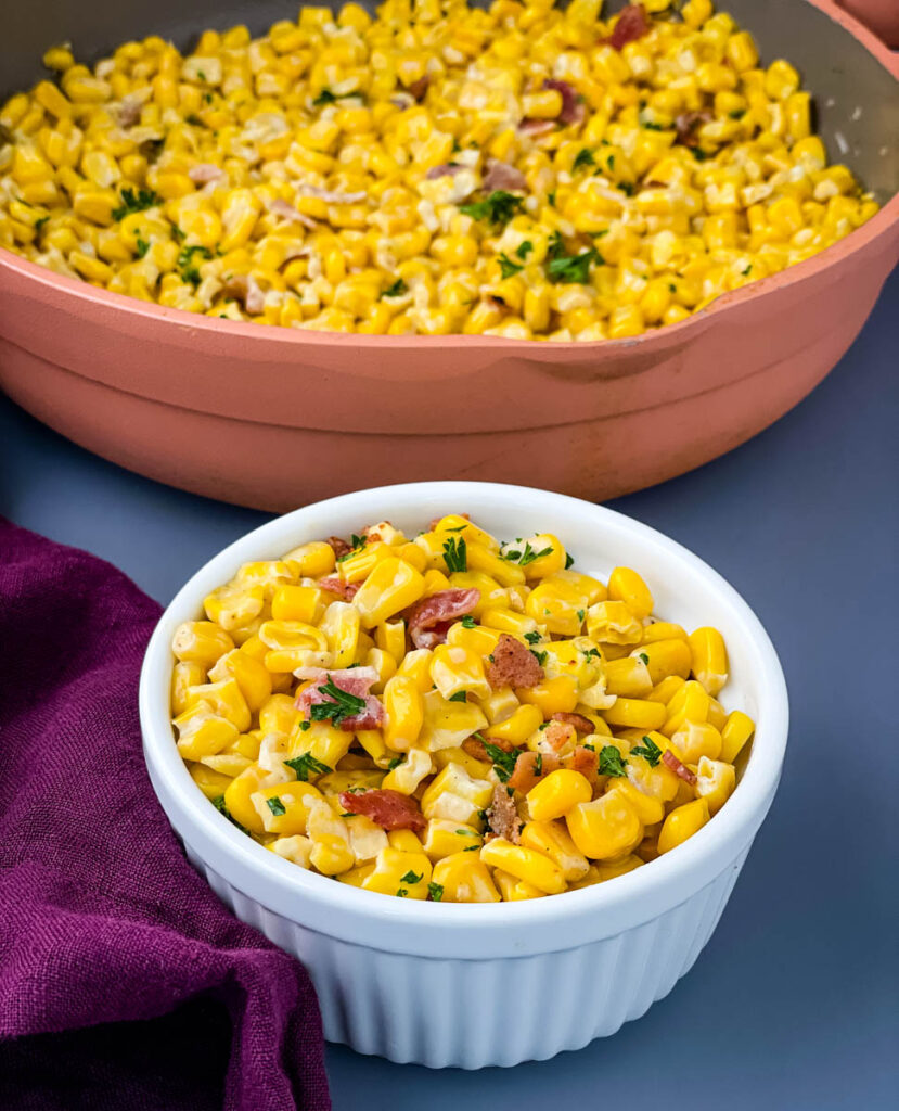 homemade creamed corn in a white bowl
