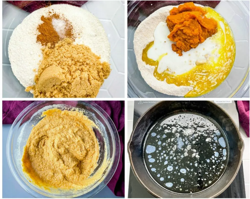 collage photo with pumpkin cornbread mix in a bowl