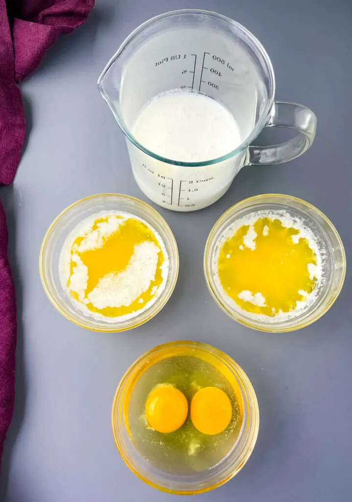 buttermilk, eggs, and butter in separate bowls