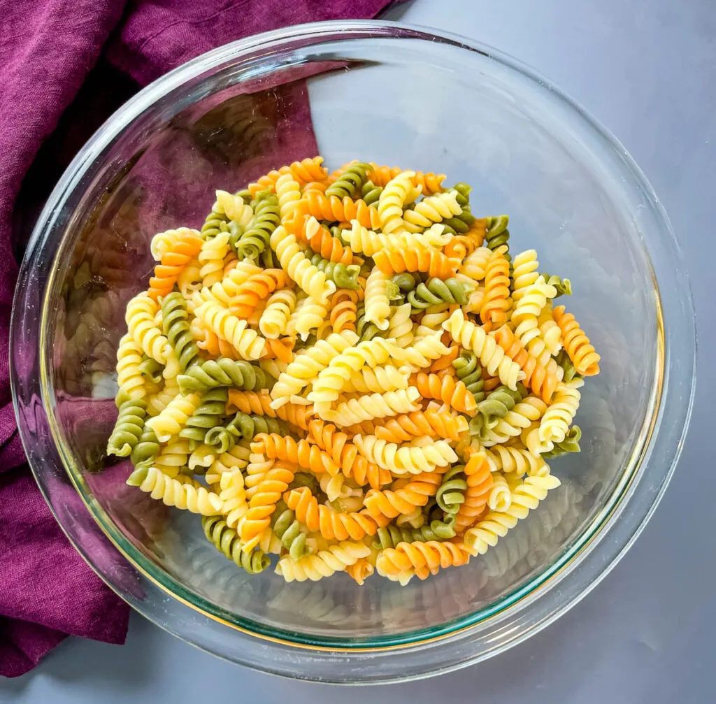 rotini pasta in a glass bowl