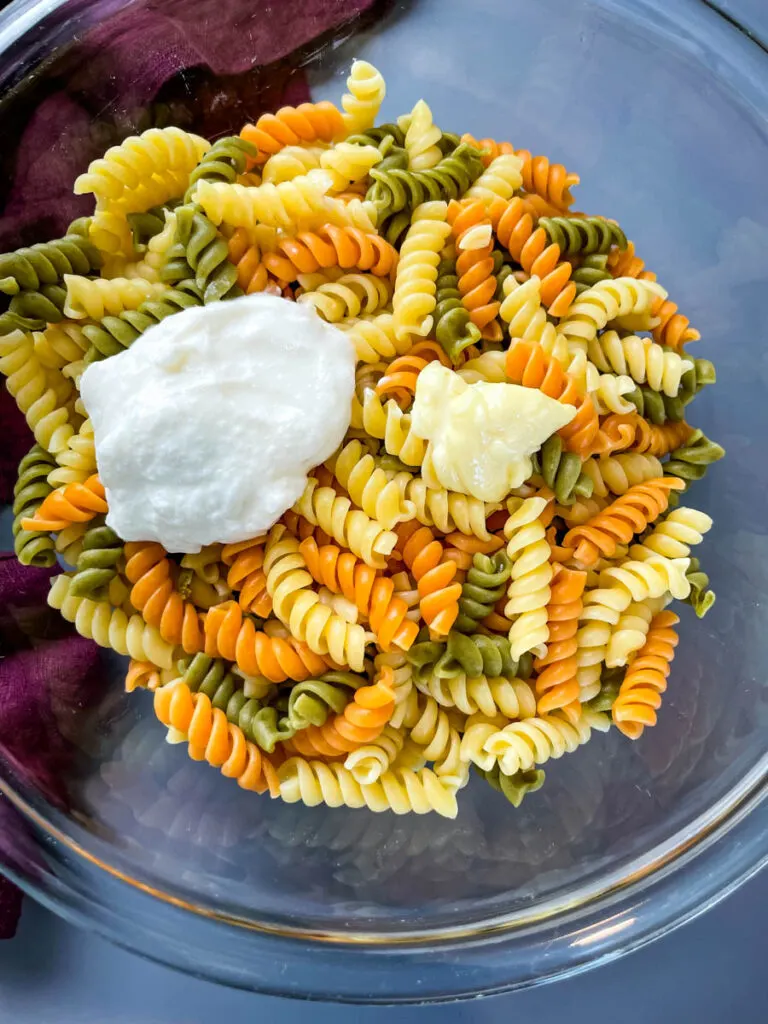 rotini pasta in a glass bowl