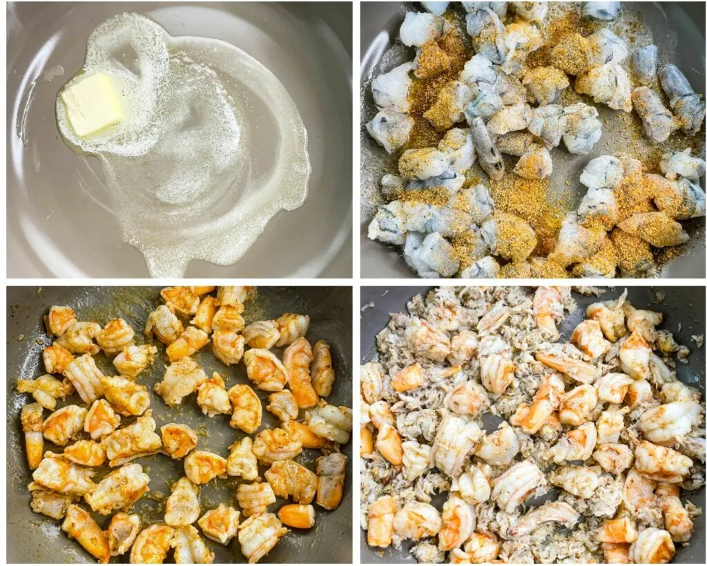 a collage of 4 photos showing melted butter and raw shrimp cooked in a skillet