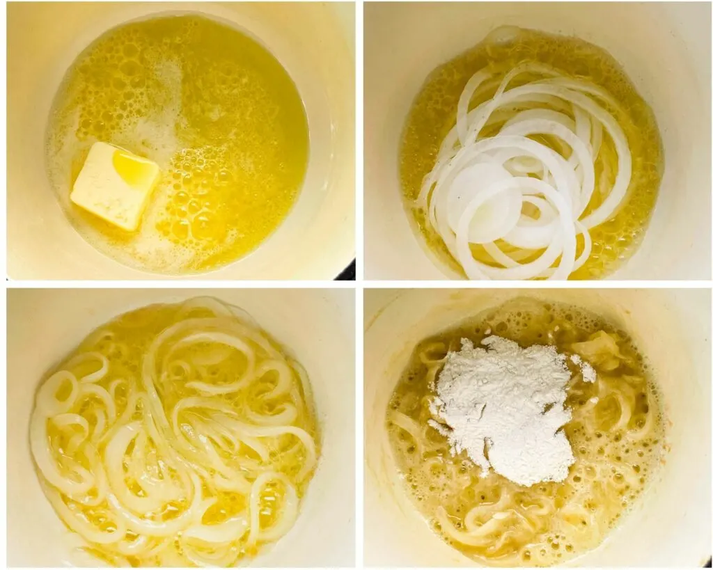 collage of 4 photos with butter and onions sauteed in a pan