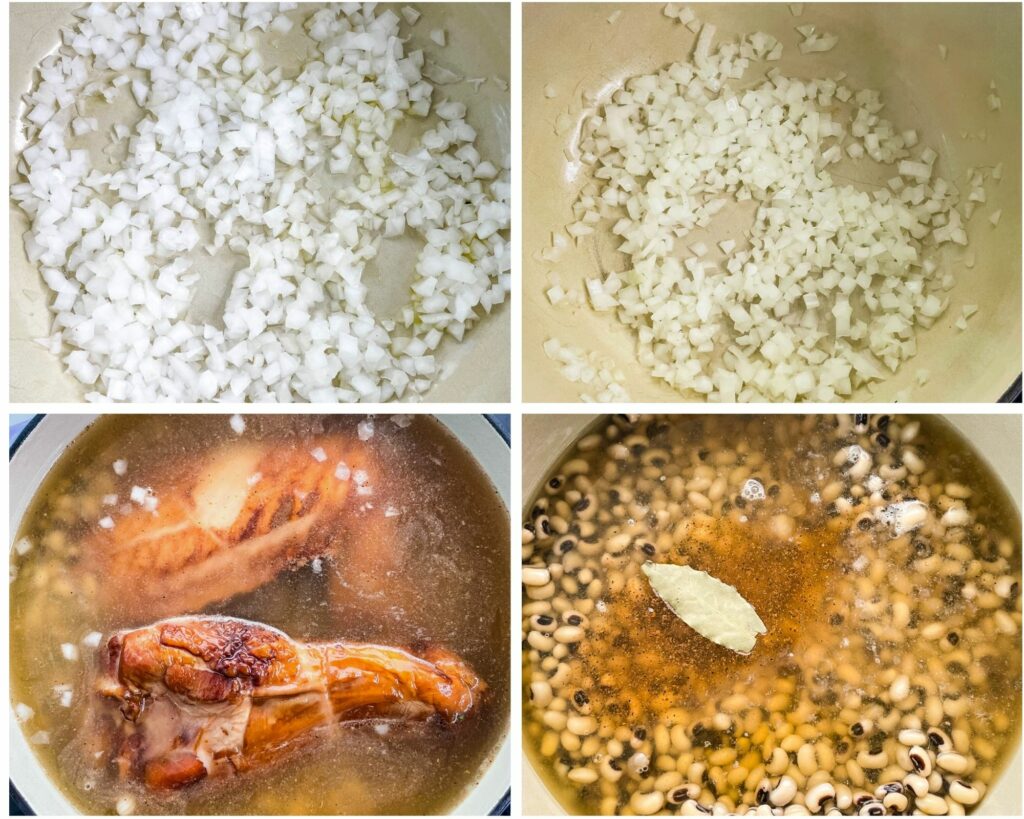 collage of 4 photos showing how to saute onions and add black eyed peas, broth, and smoked turkey to a Dutch oven