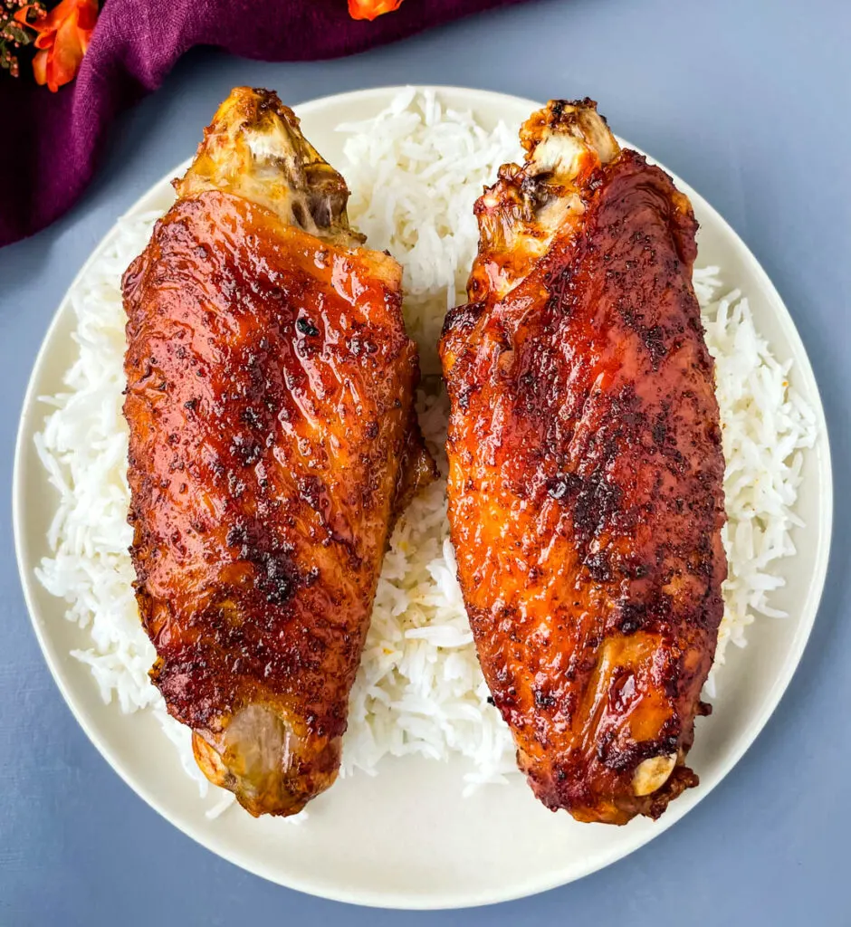 air fryer turkey wings and rice on a plate