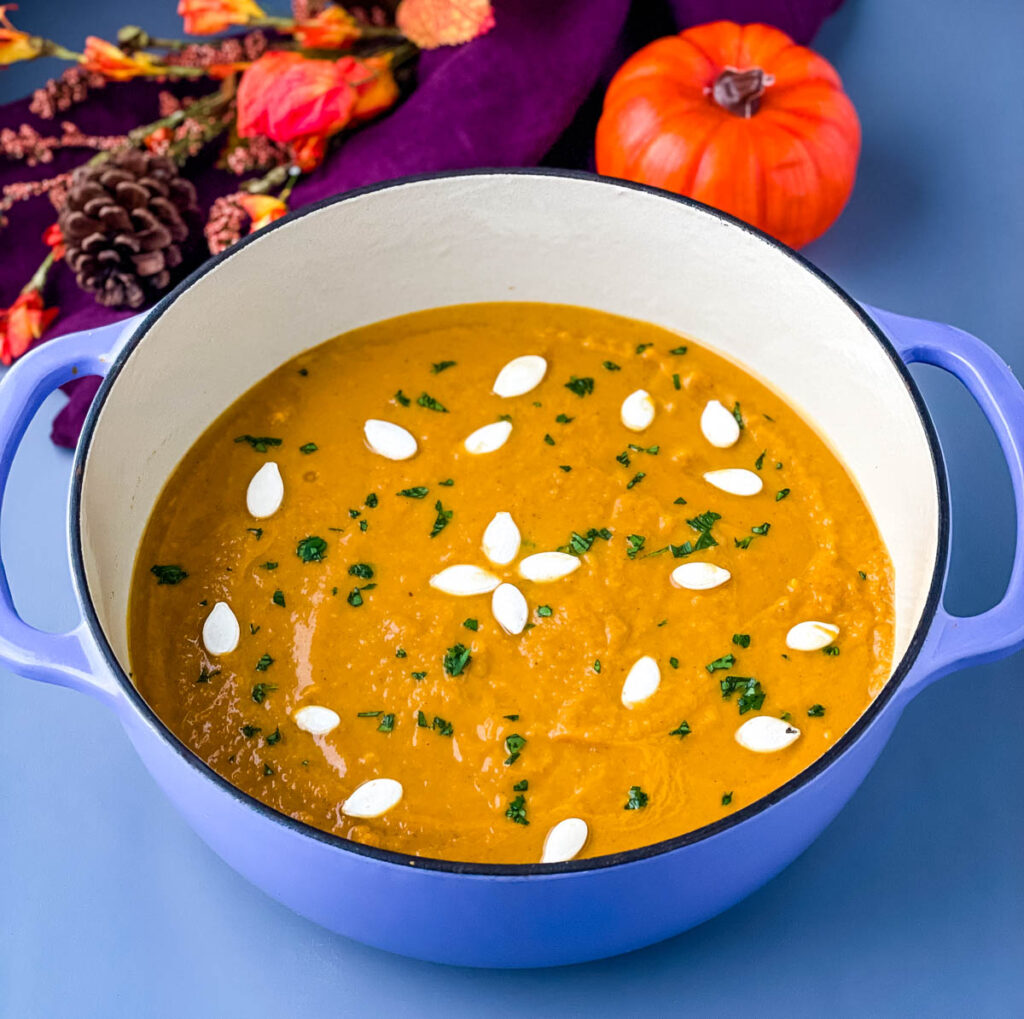 creamy canned pumpkin soup in a Dutch oven