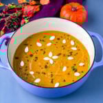 creamy canned pumpkin soup in a Dutch oven