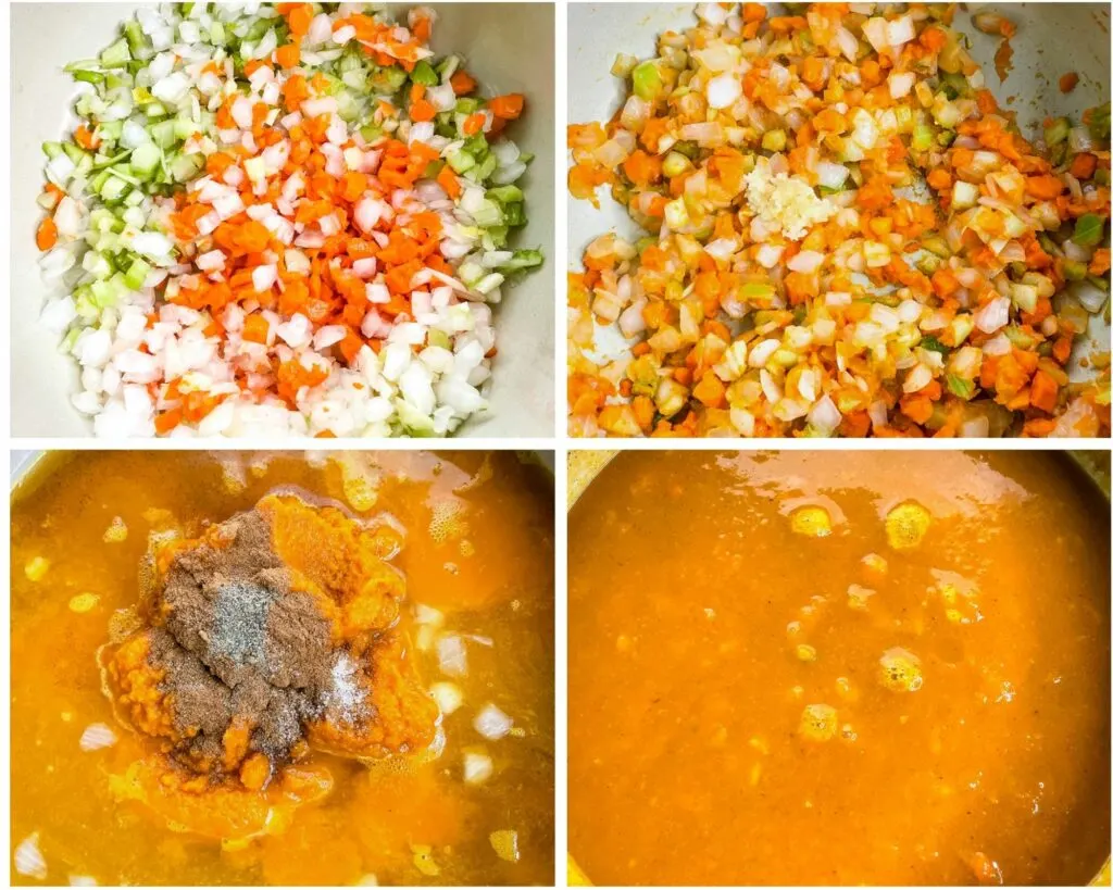 collage photo of 4 photos showing how to saute veggies and mix in pumpkin puree
