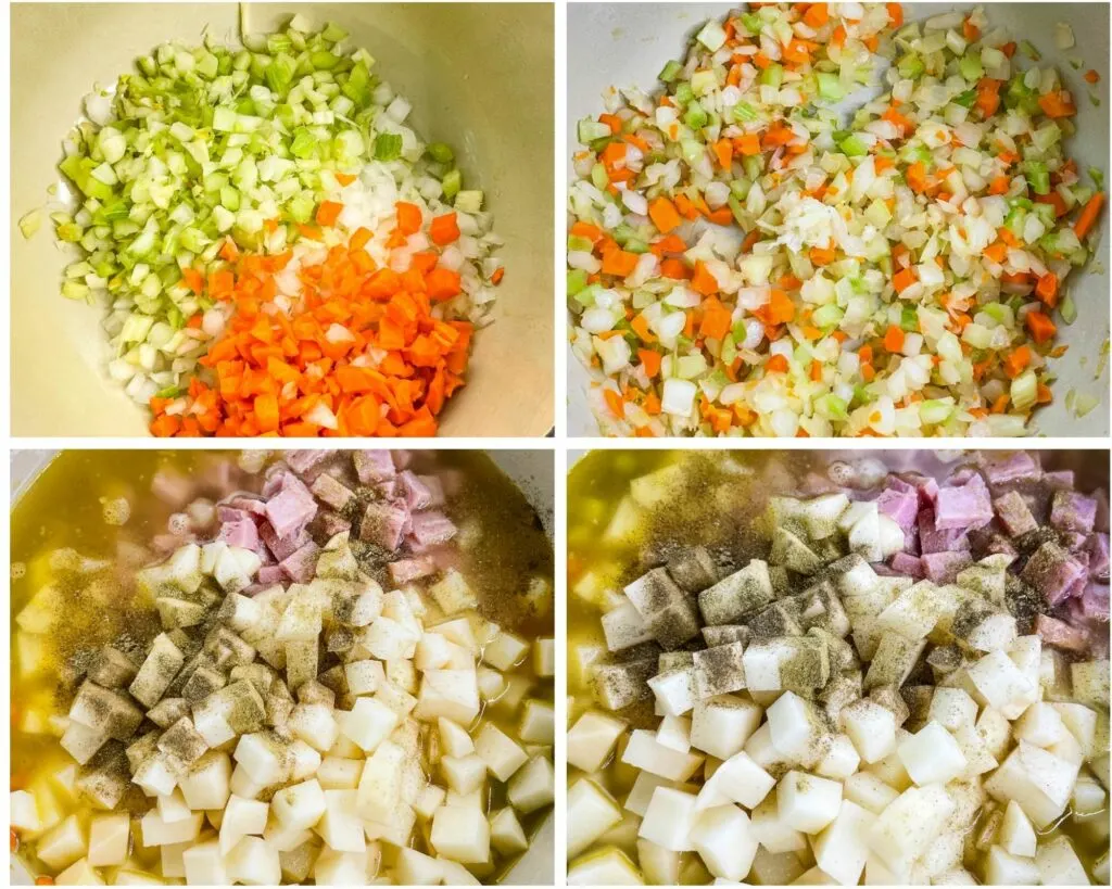 collage photo of 4 photos with sauteed veggies in a Dutch oven