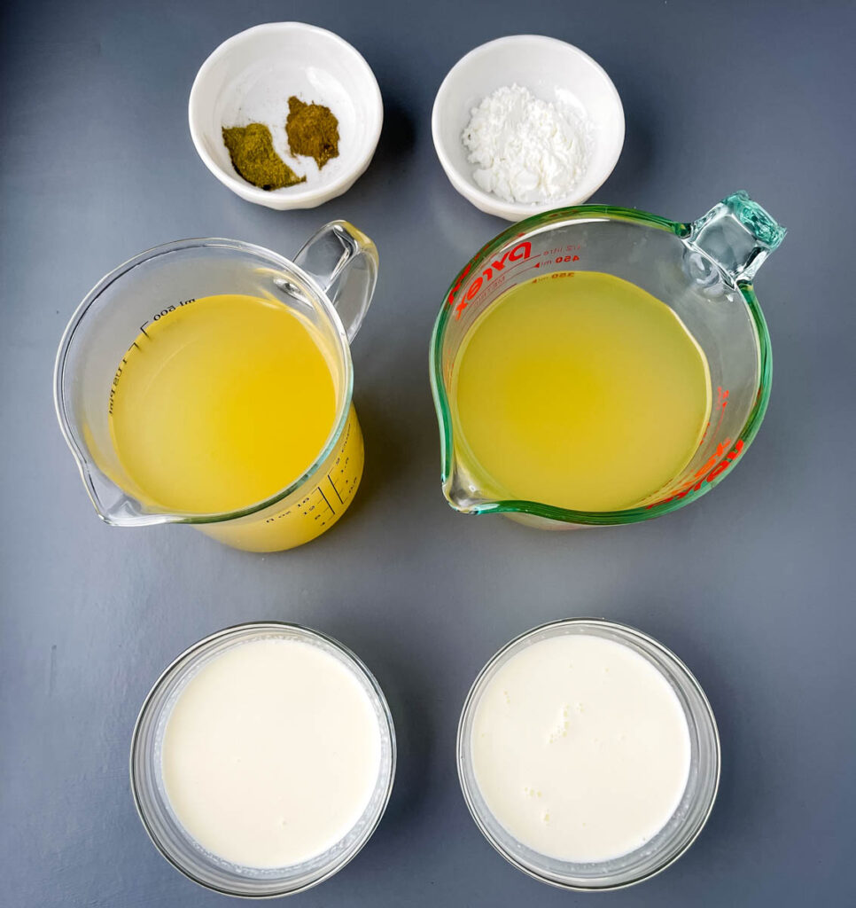 chicken broth, milk, heavy cream, cornstarch, thyme, and oregano in separate bowls