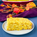 homemade cornbread casserole on a white plate