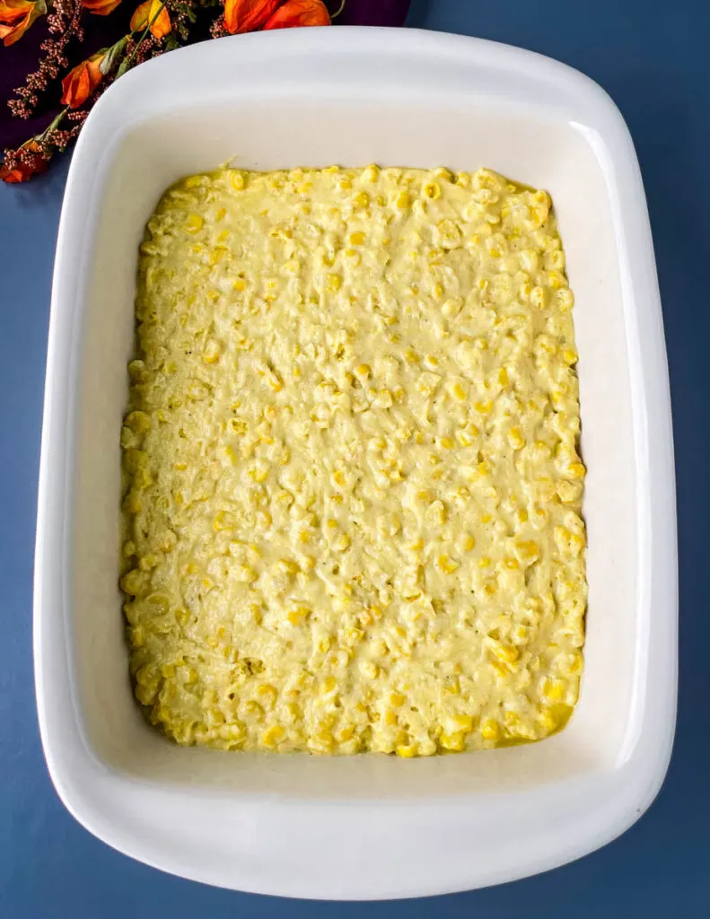 corn casserole batter in a baking dish