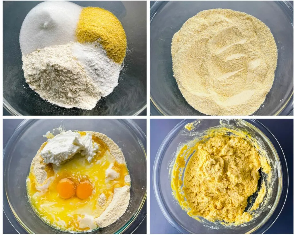collage of 4 photos that mix cornmeal and wet ingredients in a mixing bowl