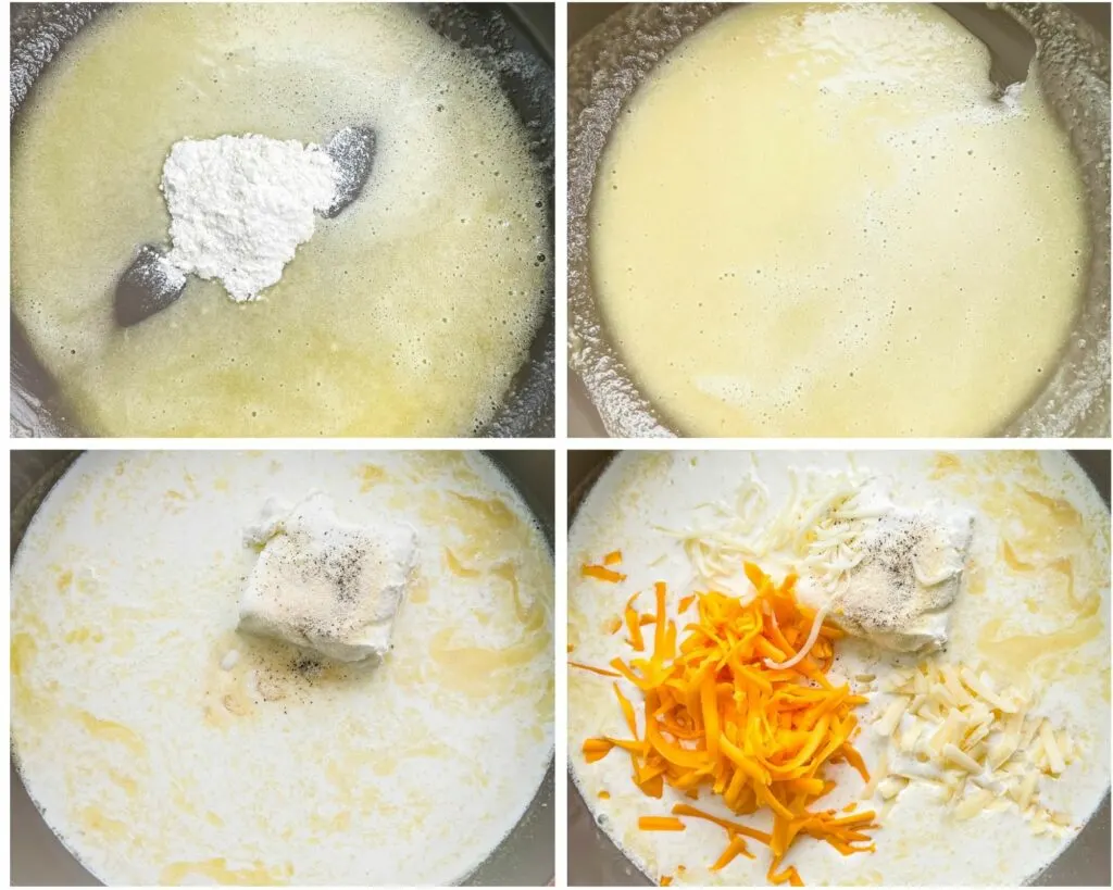 collage of 4 photos with butter and flour in a skillet and the mac and cheese cream sauce