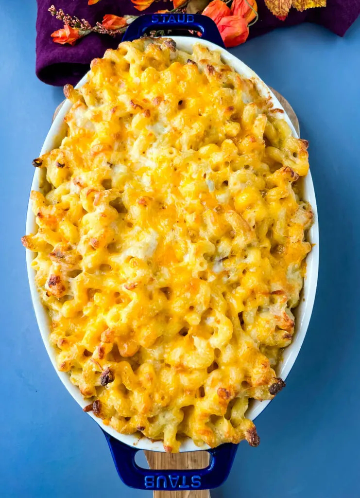 seafood shrimp and crab mac and cheese in a blue baking dish