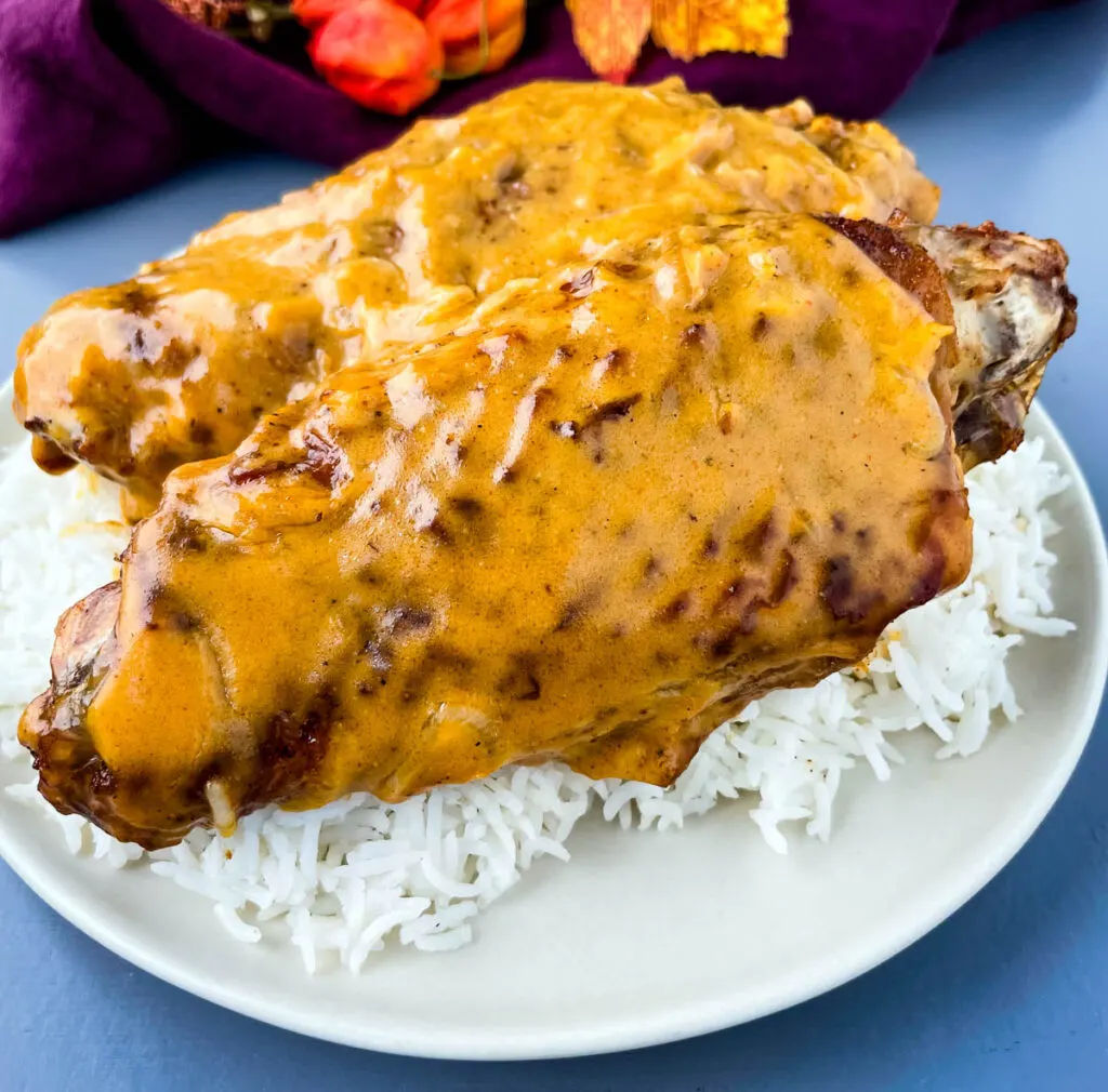 smothered turkey wings and gravy on a plate with white rice