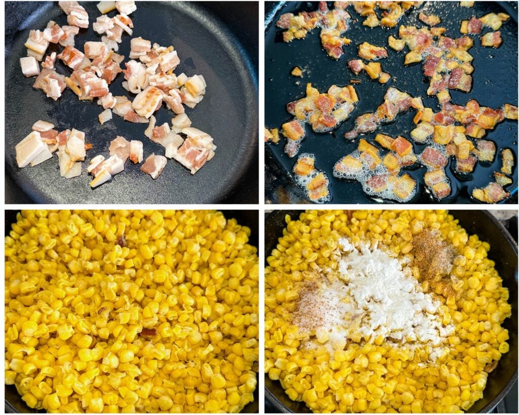 collage of 4 photos with cooked bacon and corn in a cast iron skillet