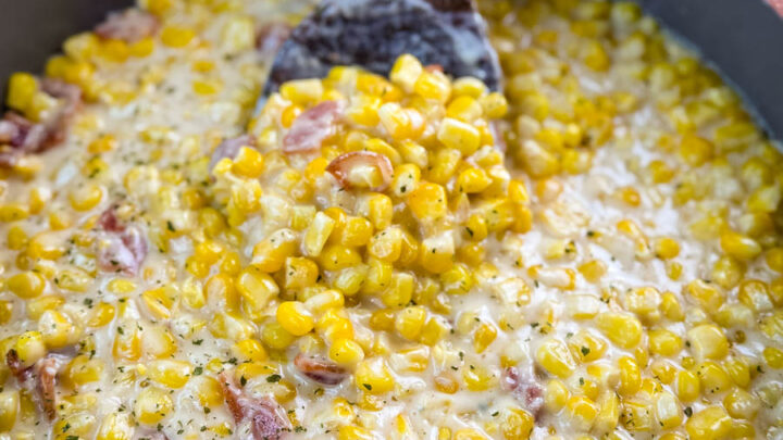 southern creamed corn in a spoon and skillet