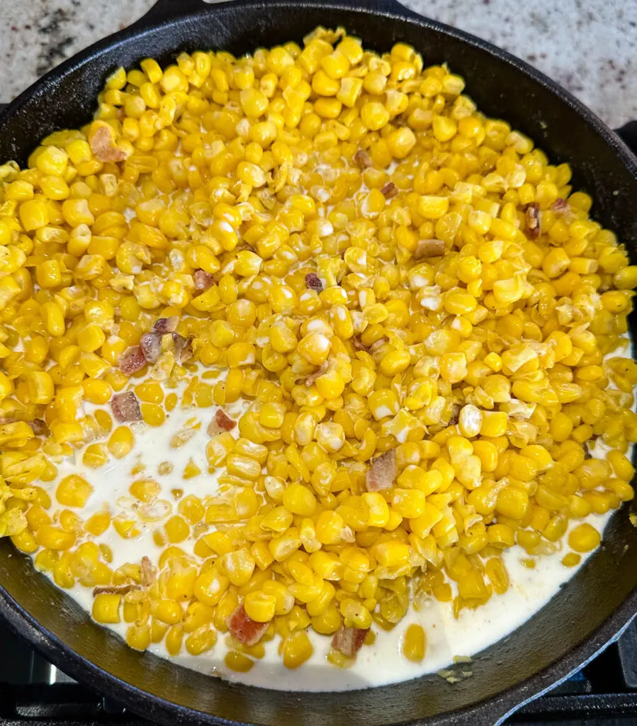 Southern creamed corn in a cast iron skillet