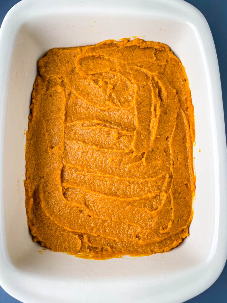 mashed sweet potatoes in a baking dish