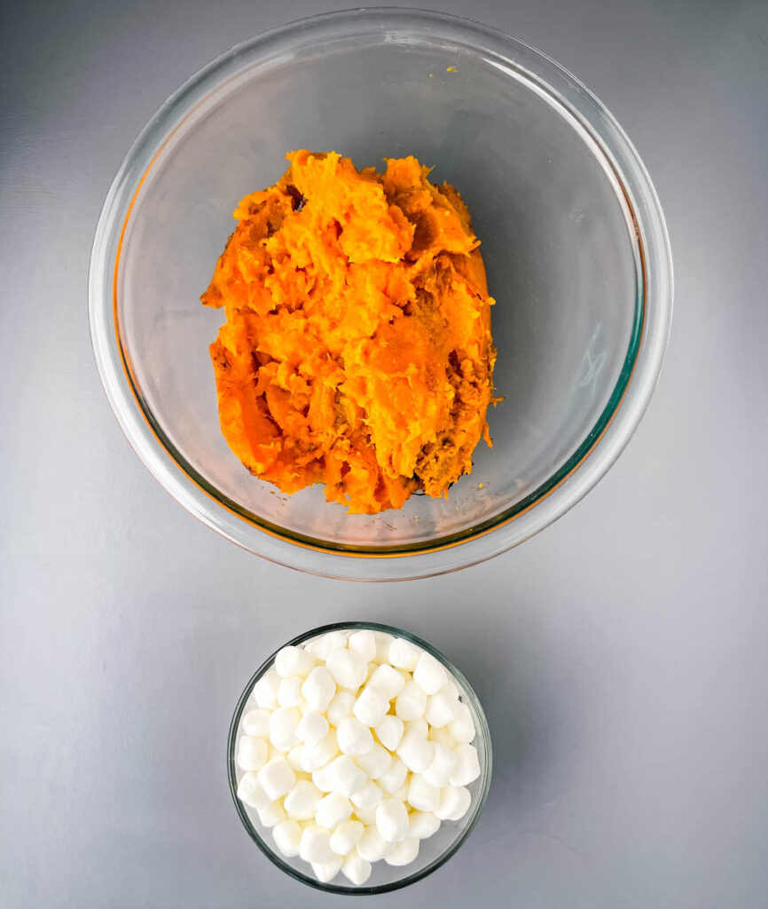 mashed sweet potatoes and marshmallows in separate bowls