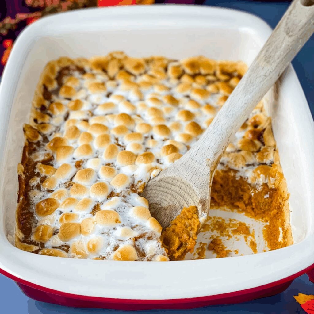 spoonful of sweet potato casserole with marshmallows in a red baking dish