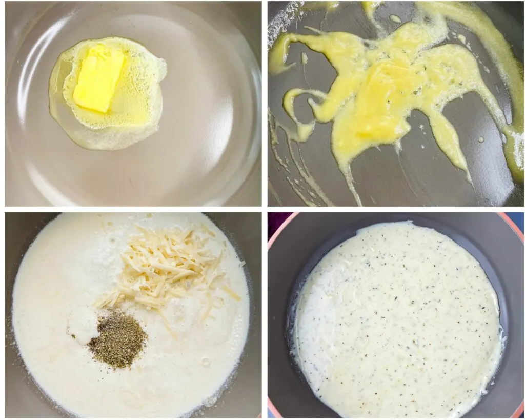 collage photo with butter, flour, and heavy cream in a pan for alfredo sauce