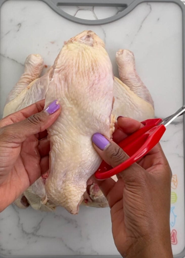 person holding chicken backbone with cooking shears