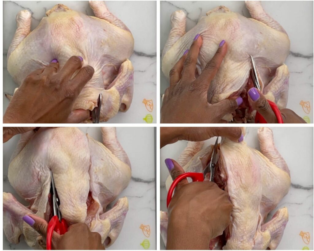 collage of 4 photos demonstrating how to cut the backbone off a whole chicken