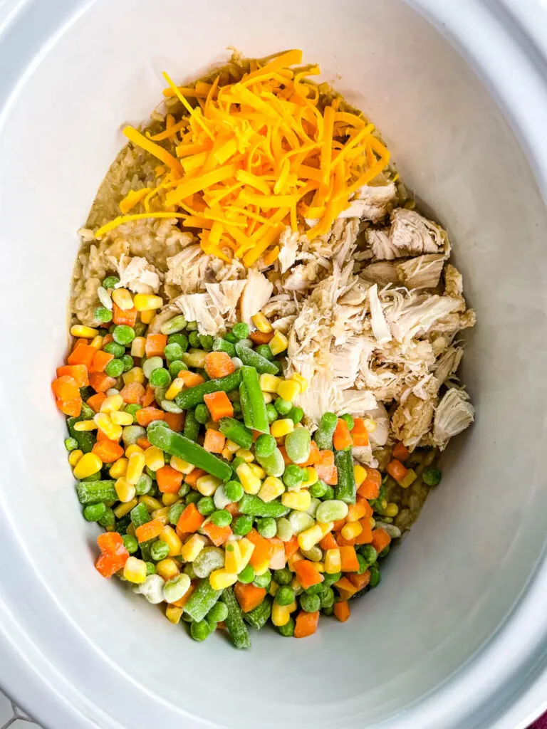 chicken, rice, and vegetables in a slow cooker Crockpot